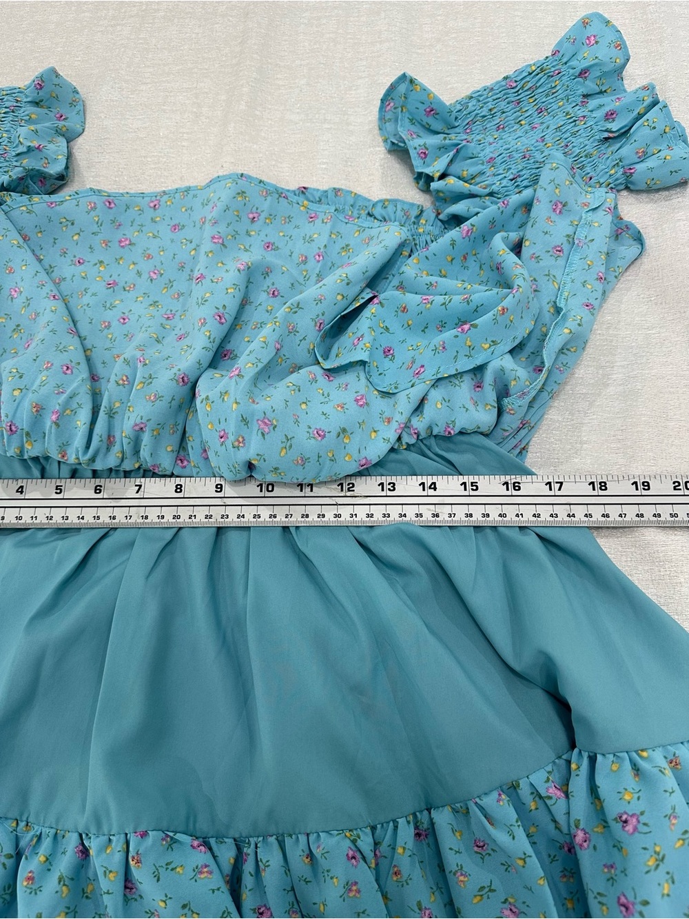 Mable Smocked Off-Shoulder Floral Mini Dress in Light Blue - Picture 8 of 12